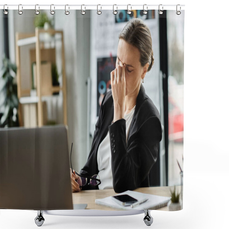 Personality  A Middle-aged Woman Sits At A Desk With A Laptop, Showing Signs Of Stress And Mental Strain. Shower Curtains