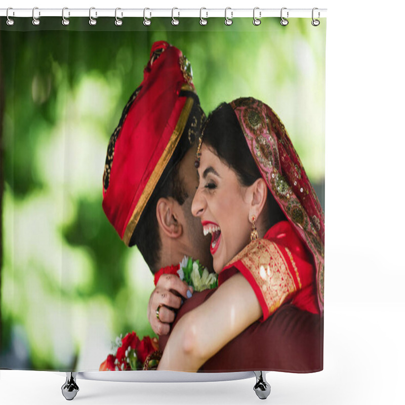 Personality  Indian Man In Turban Hugging Happy Bride In Traditional Headscarf  Shower Curtains