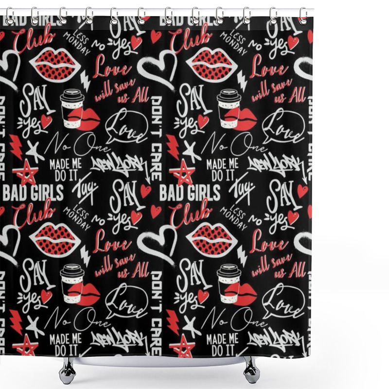 Personality  Doodle Romantic Pattern In Girlish Style With Pop Art Lips, Text, Heart,graffity, Coffe Cup.trendy Background For Cover , Textile And Paper Design. Shower Curtains