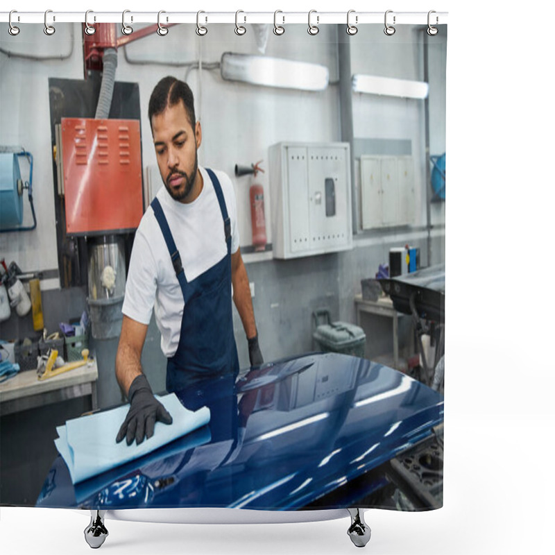 Personality  Young Mechanic Focuses On Cleaning A Car Hood With A Cloth In A Busy Repair Shop. Shower Curtains