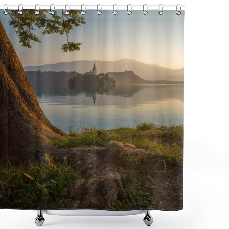 Personality  Island With Church In Bled Lake, Slovenia At Sunrise Shower Curtains