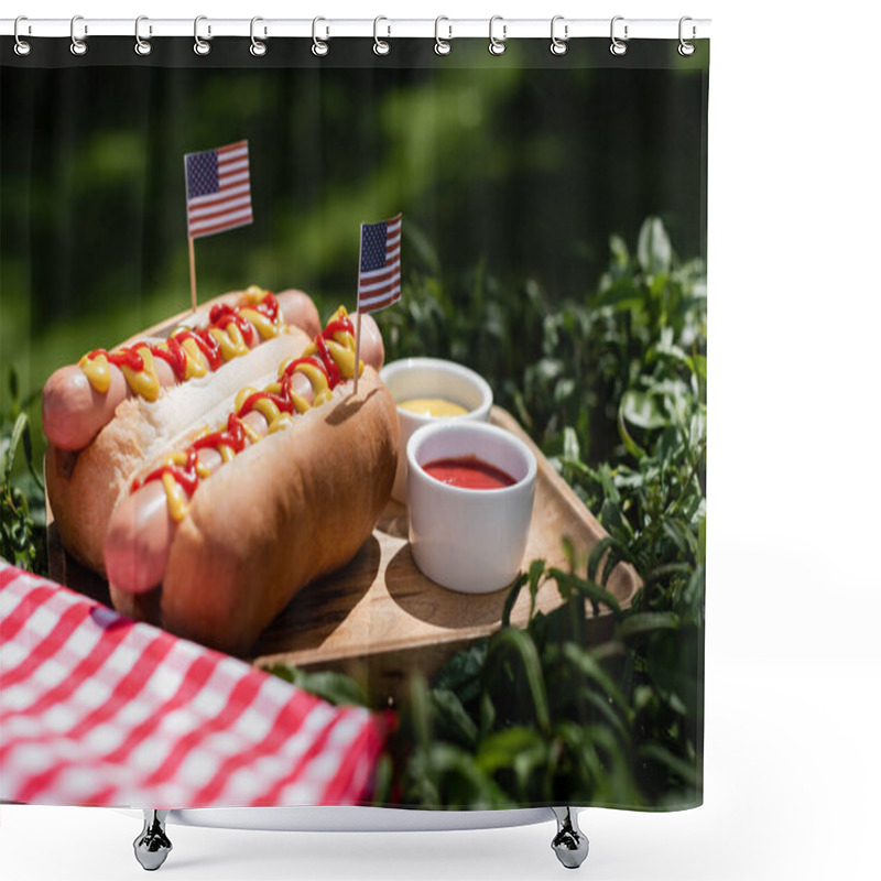 Personality  Hot Dogs With Small Usa Flags Near Sauces And Plaid Table Napkin On Green Grass Shower Curtains