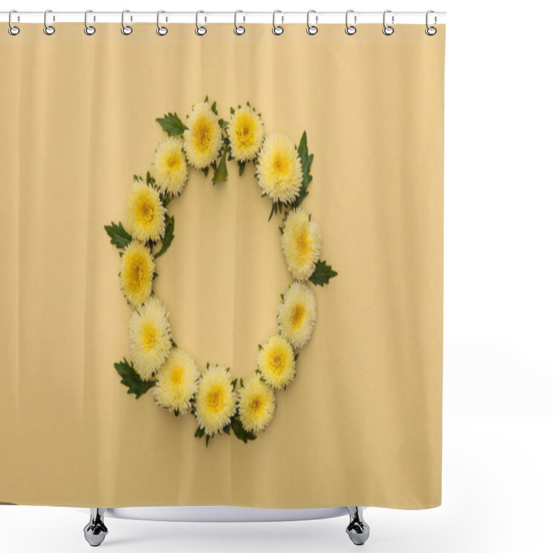 Personality  Round Frame Of Yellow Asters On Beige Background With Copy Space Shower Curtains