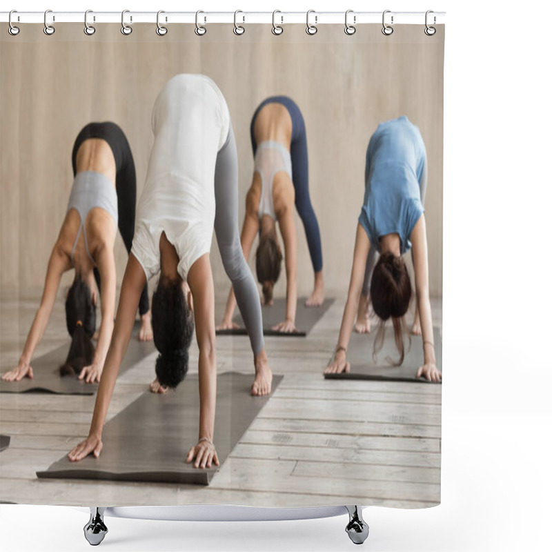 Personality  Group Of People Practicing Yoga Lesson, Adho Mukha Svanasana Exercise Shower Curtains