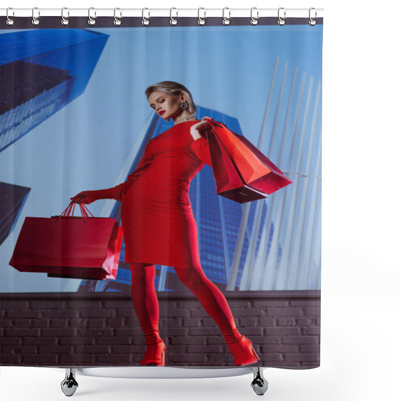 Personality  Low Angle View Of Attractive And Stylish Woman In Red Dress Holding Shopping Bags On City Background  Shower Curtains