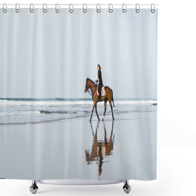 Personality  Distant View Of Woman Riding Horse On Sandy Beach With Ocean Behind Shower Curtains