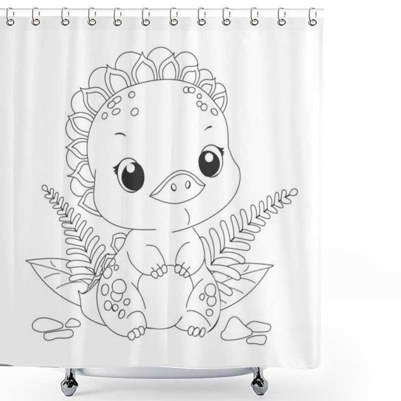 Personality  Hand-drawn Cute Baby Dinosaur Cartoon Dino Is Sitting On Leafy Plant. Vector Illustration For Coloring Book On White Background.Drawing Line Contour.      Shower Curtains