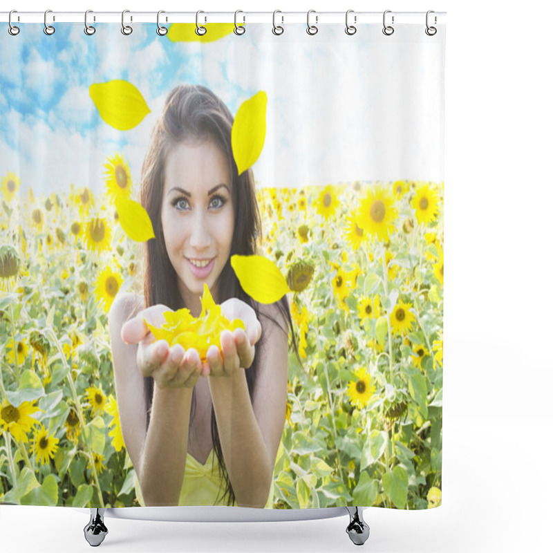 Personality  Young Woman In Sunflowers Field Shower Curtains