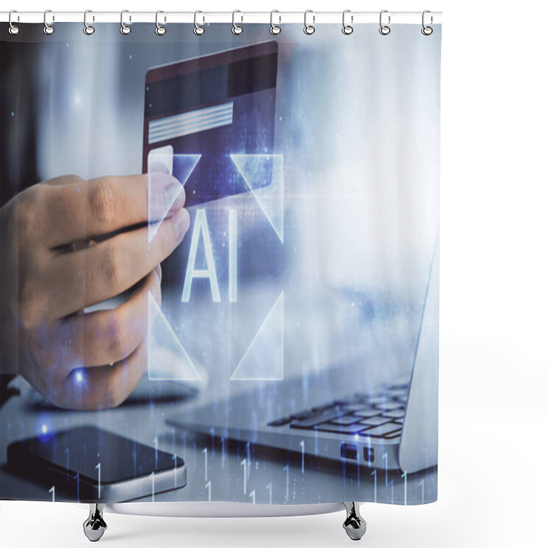 Personality  Double Exposure Of Woman On-line Shopping Holding A Credit Card And Data Theme Hologram Drawing. E-commerce Concept. Shower Curtains