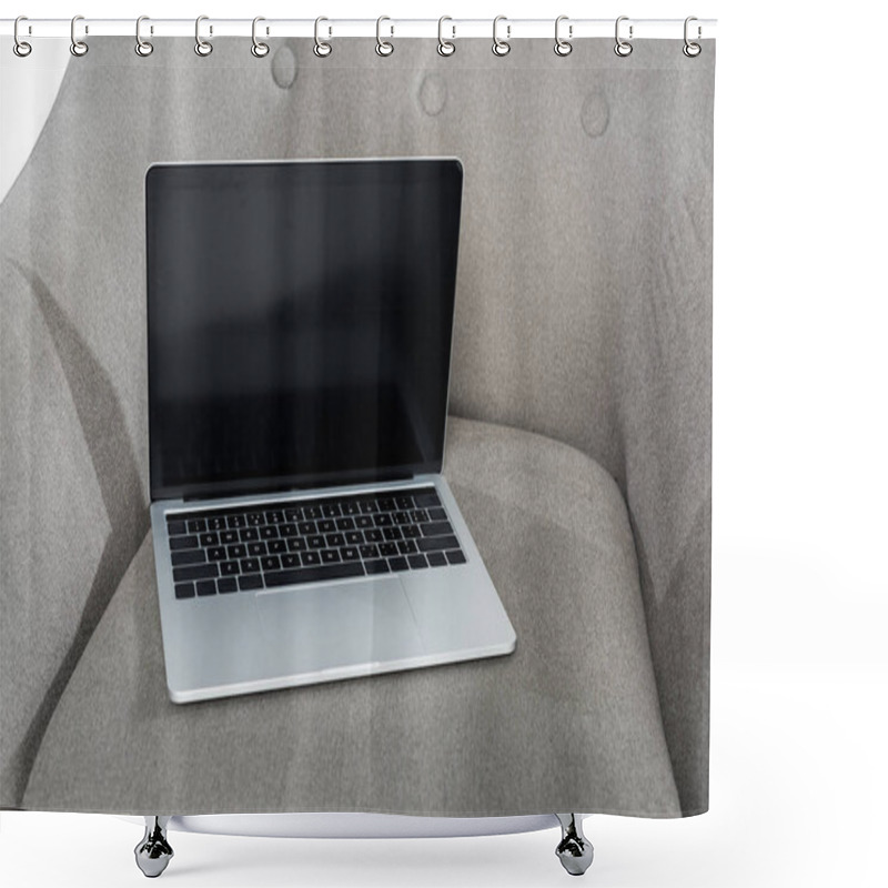 Personality  Close-up View Of Laptop With Blank Screen On Grey Armchair Shower Curtains