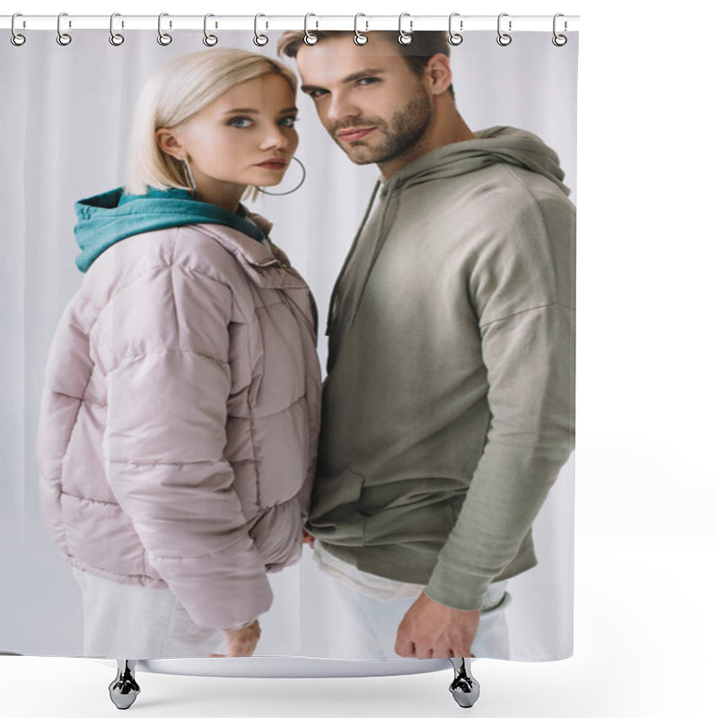 Personality  Stylish Blonde Girl And Bearded Man In Autumn Outfits Looking At Camera Isolated On Grey Shower Curtains