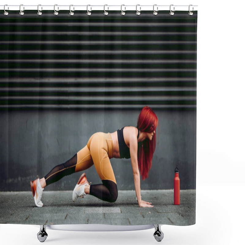 Personality  Attractive Fit Woman Stretching And Working Out, Doing Plank Exercises Shower Curtains