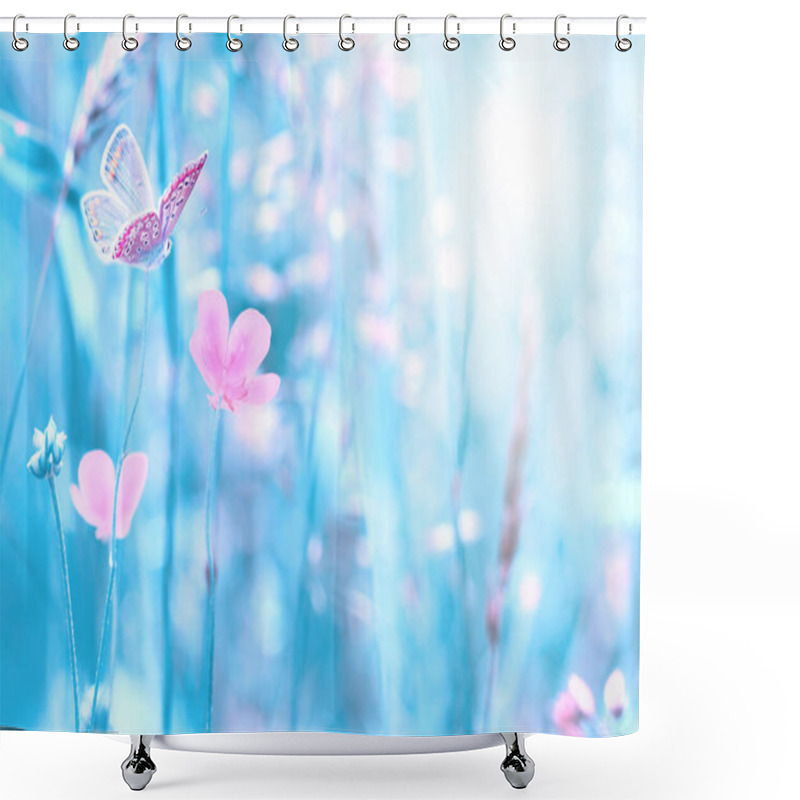 Personality  Beautiful Wildflowers, Butterfly In The Dreamy Meadow. Delicate Pink And Blue Colors Pastel Toned. Shallow Depth Macro Background. Greeting Card Template. Copy Space. Nature Floral Springtime. Shower Curtains