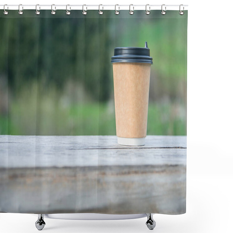 Personality  Close-up Paper Cup Of Coffee On Natural Background On A Wooden Bench. For A Coffee Shop. Shower Curtains