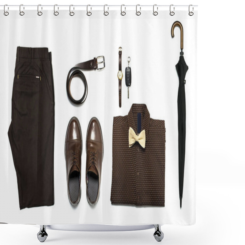 Personality  Flat Lay Set Men's Classic Clothing, Jacket Pants Shirt Bow Tie Leather Belt Shoes Wrist Watch Wallet Pens Umbrella Cane Car Keys Isolated Items On White Background Top View. Male Fashion, Business. Shower Curtains