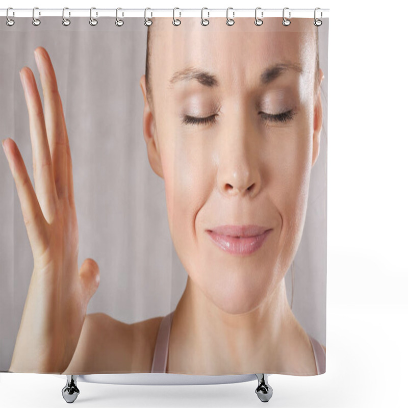 Personality  Stressed Young Caucasian Lady. Closeup Shower Curtains