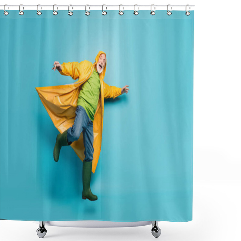 Personality  Full Body Photo Of Yelling Grandpa Amazed Walk Street Puddles Rainy Weather Slippery Wet Road Wear Jeans Jumper Gum Boots Yellow Raincoat Isolated Blue Color Background Shower Curtains