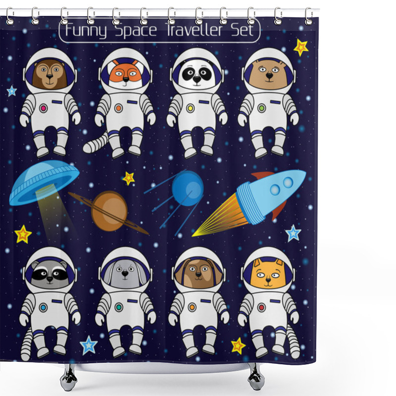 Personality  Set Of Cute Animal Astronauts, Rocket Satellite UFO Stars Cosmos Shower Curtains