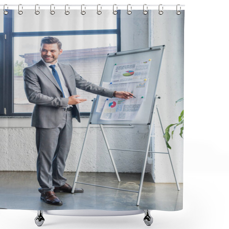 Personality  Smiling Young Businessman Pointing At Whiteboard With Business Charts And Graphs Shower Curtains