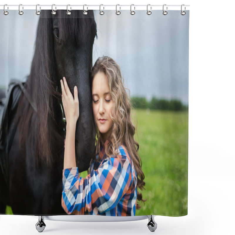 Personality  Young Beautiful Girl With Frisian Horse Shower Curtains