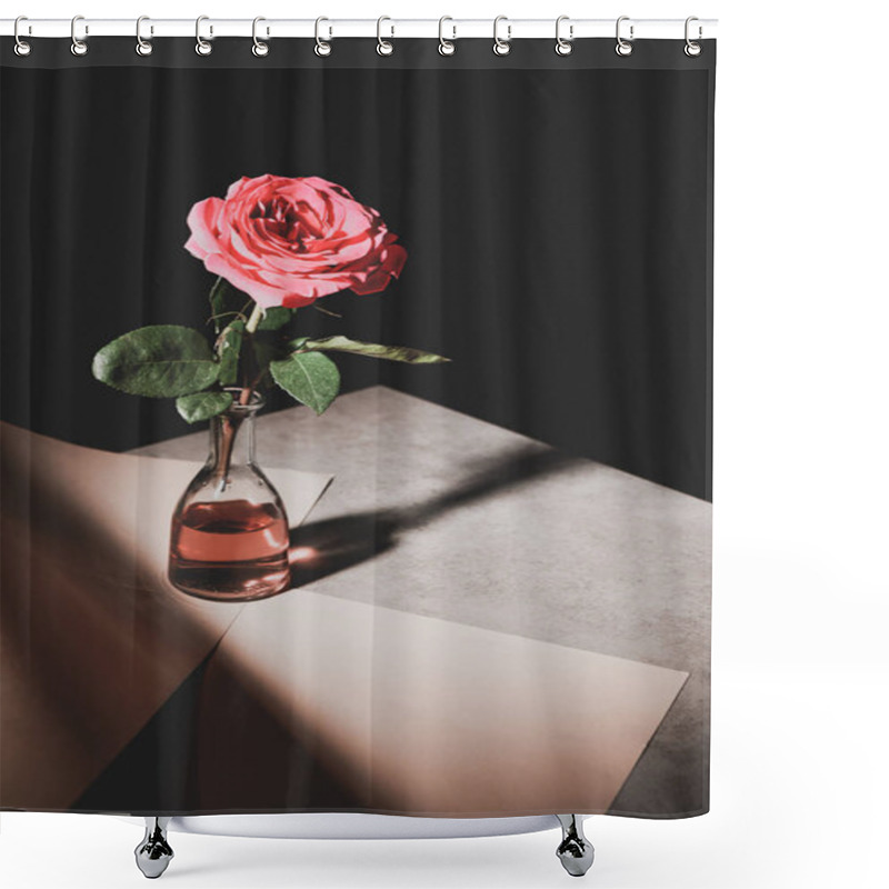 Personality  Pink Rose Flower In Glass Bottle On Stone Table With Sheets Of Paper Isolated On Black Shower Curtains