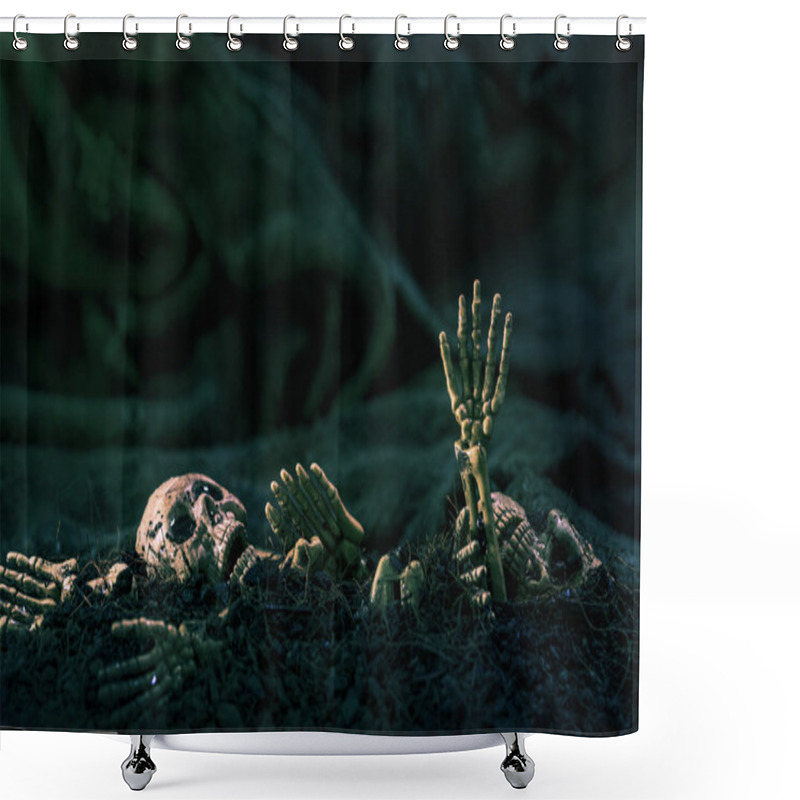 Personality  Skull And Skeleton On Ground Dry Soil Dark Background Shower Curtains