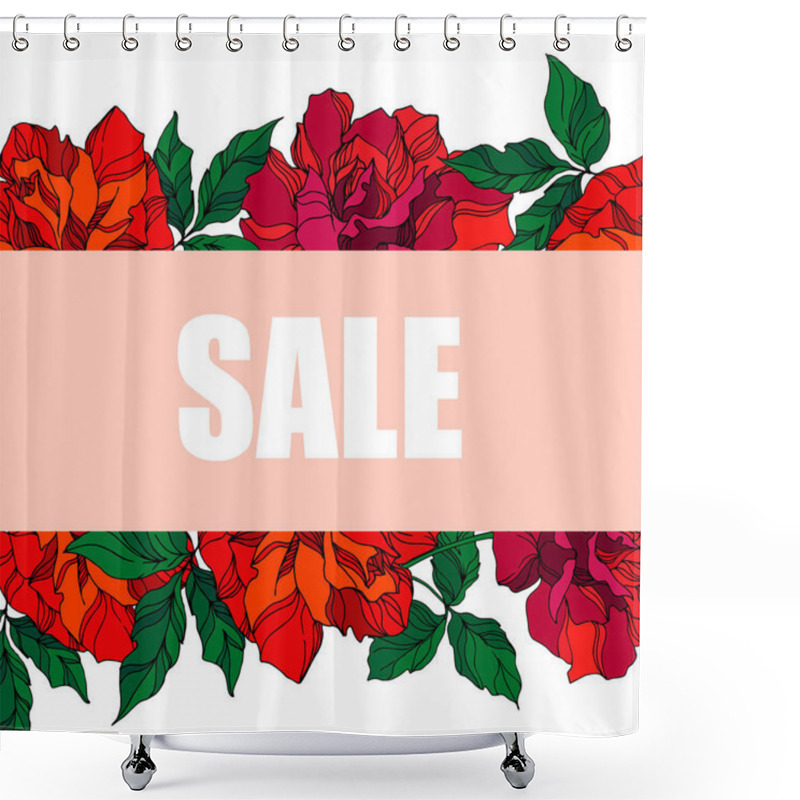 Personality  Vector Rose Floral Botanical Flowers. Green Ahd Red Engraved Ink Art. Frame Border Ornament Square. Shower Curtains