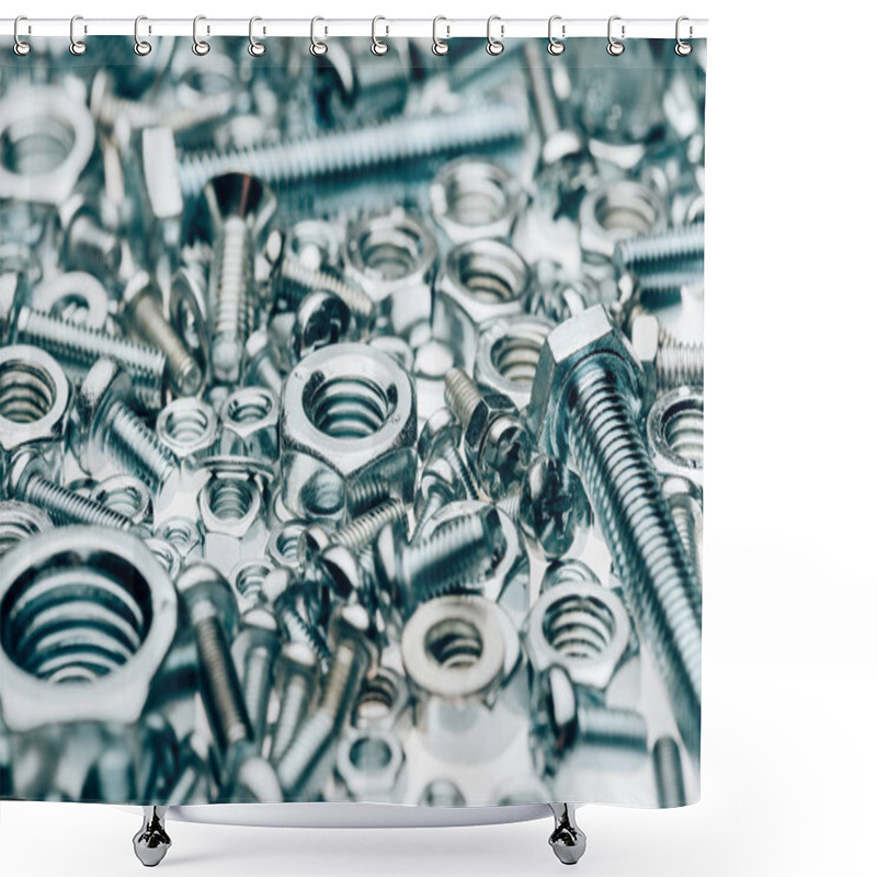 Personality  Close Up View Of Metal Framing Nails And Capscrews Isolated On White Shower Curtains