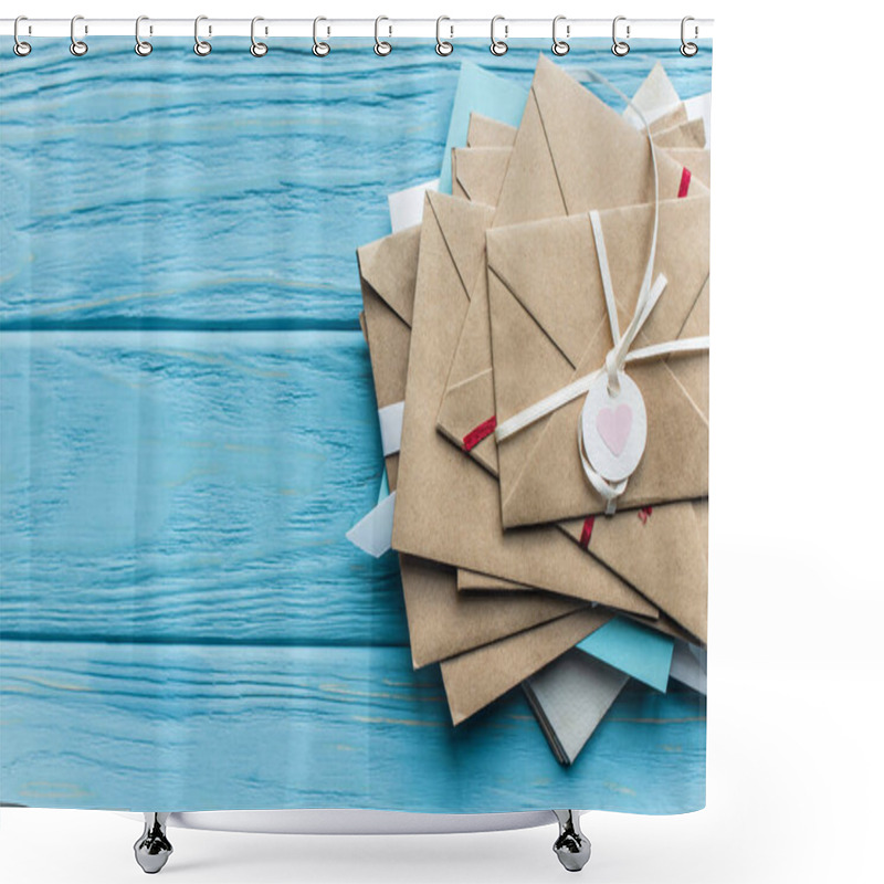 Personality  Top View Of Wooden Blue Background With Envelopes And Heart Shower Curtains