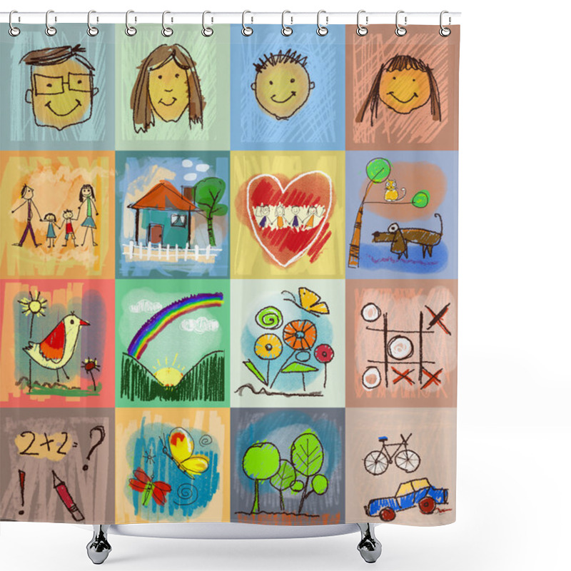 Personality  Collection Of Cute Drawings Of Kids, Children's Drawing Styles. Seamless And Multicolored Symbols Set With  Human Family, Animals, Nature, Objects On Colorful Background. Happy Family Concept Shower Curtains