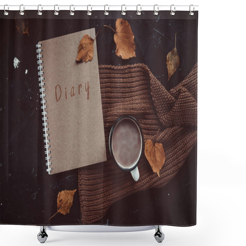 Personality  Diary, Cup Of Hot Cocoa, Brown Knitted Scarf And Autumn Leaves On Dark Background. Shower Curtains