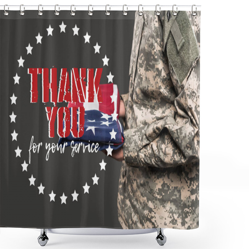 Personality  Cropped View Of Man In Military Uniform Holding Flag Of America Near Thank You For Your Service Lettering On Grey  Shower Curtains