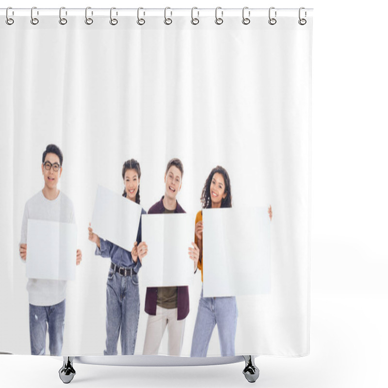 Personality  Portrait Of Interracial Teenagers Holding Blank Banners In Hands Isolated On White Shower Curtains