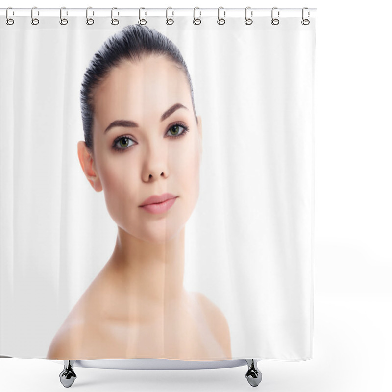 Personality  Pretty Girl Posing On White Background Shower Curtains