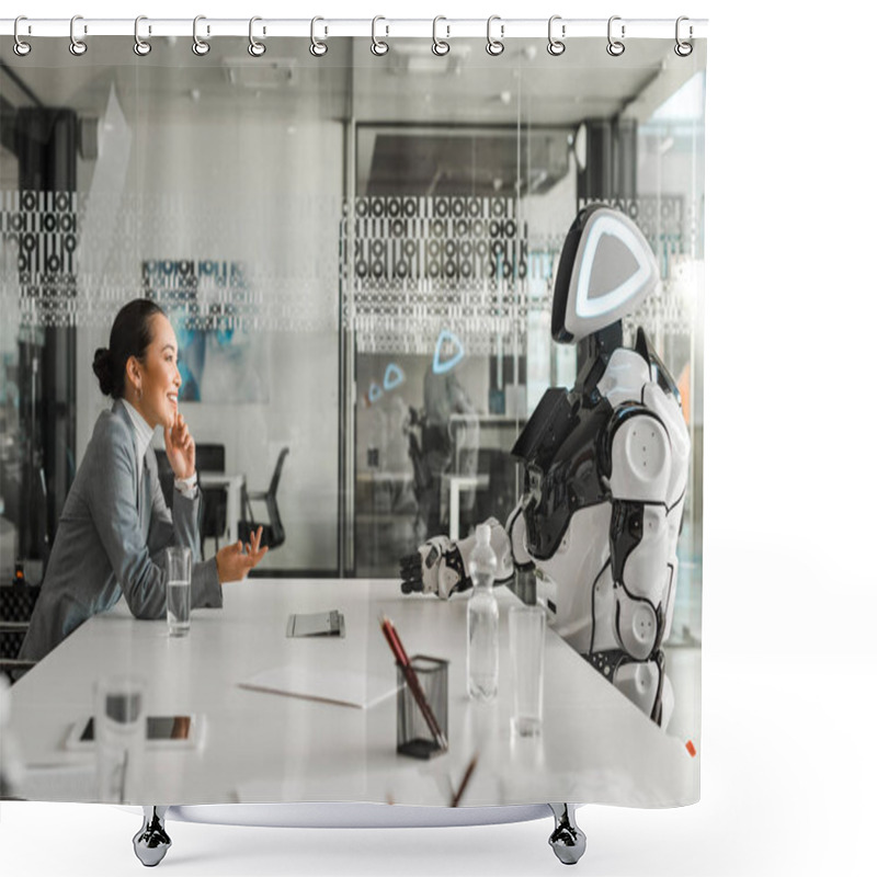 Personality  Side View Of Smiling Asian Businesswoman Talking To Robot In Conference Hall Shower Curtains