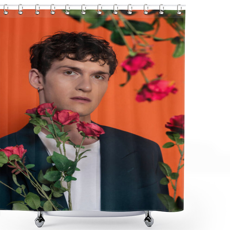 Personality  Curly Man In T-shirt And Jacket Looking At Camera Near Roses Isolated On Red  Shower Curtains