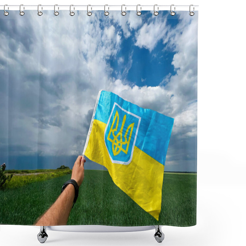 Personality  A Person Holds The Ukrainian Flag Against A Backdrop Of Lush Green Fields And A Vibrant Blue Sky, Symbolizing National Pride And Freedom. Shower Curtains