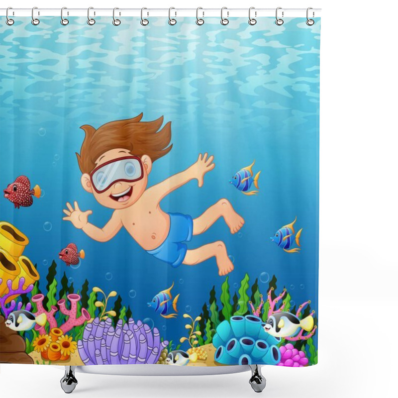 Personality  Cartoon Boy Swimming In The Sea With Fish Shower Curtains