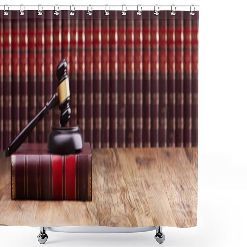 Personality  Judge Gavel And Soundboard On Law Book Over The Wooden Desk Shower Curtains