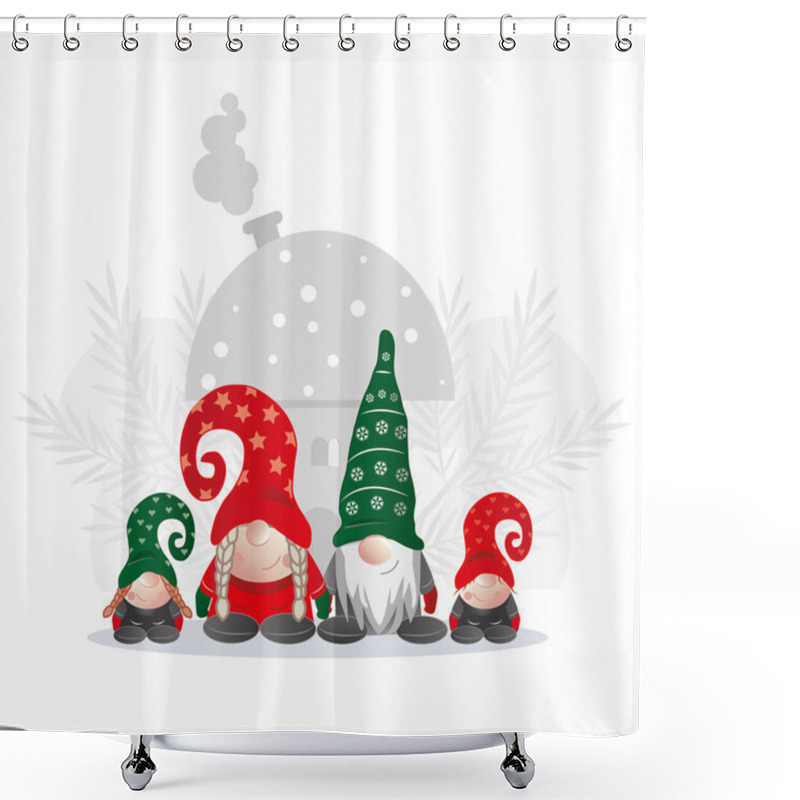 Personality  Christmas Card With Gnome Family In Front Of Mushroom House Vector Illustration Shower Curtains