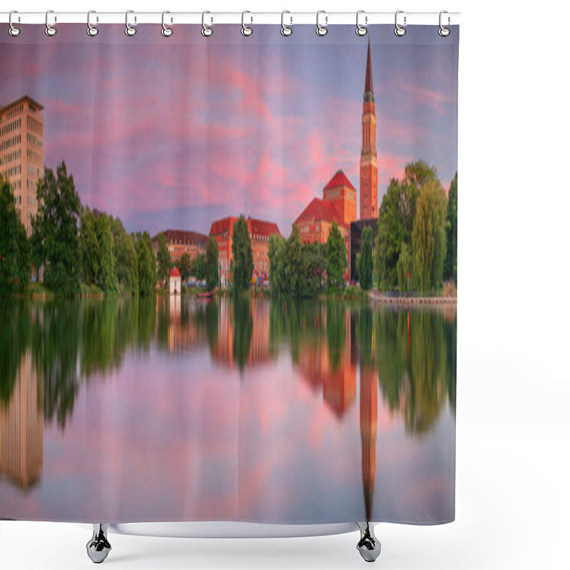 Personality  Kiel, Germany. Panoramic Cityscape Image Of Downtown Kiel, Germany With Town Hall, Opera House And Reflection Of The Skyline In Small Kiel At Sunset. Shower Curtains