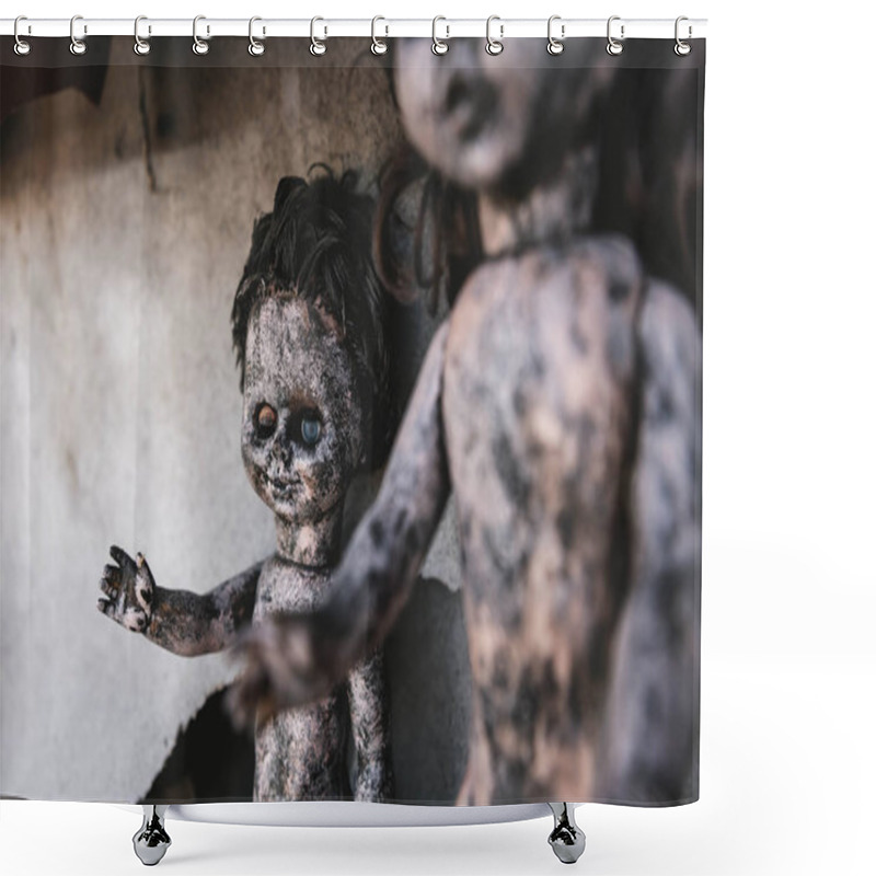 Personality  Selective Focus Of Scary And Burnt Baby Dolls, Post Apocalyptic Concept Shower Curtains