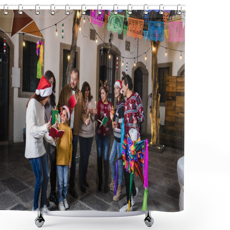 Personality  Mexican Posada, Hispanic Family Singing Carols In Christmas Celebration In Mexico Latin America Culture And Traditions Shower Curtains