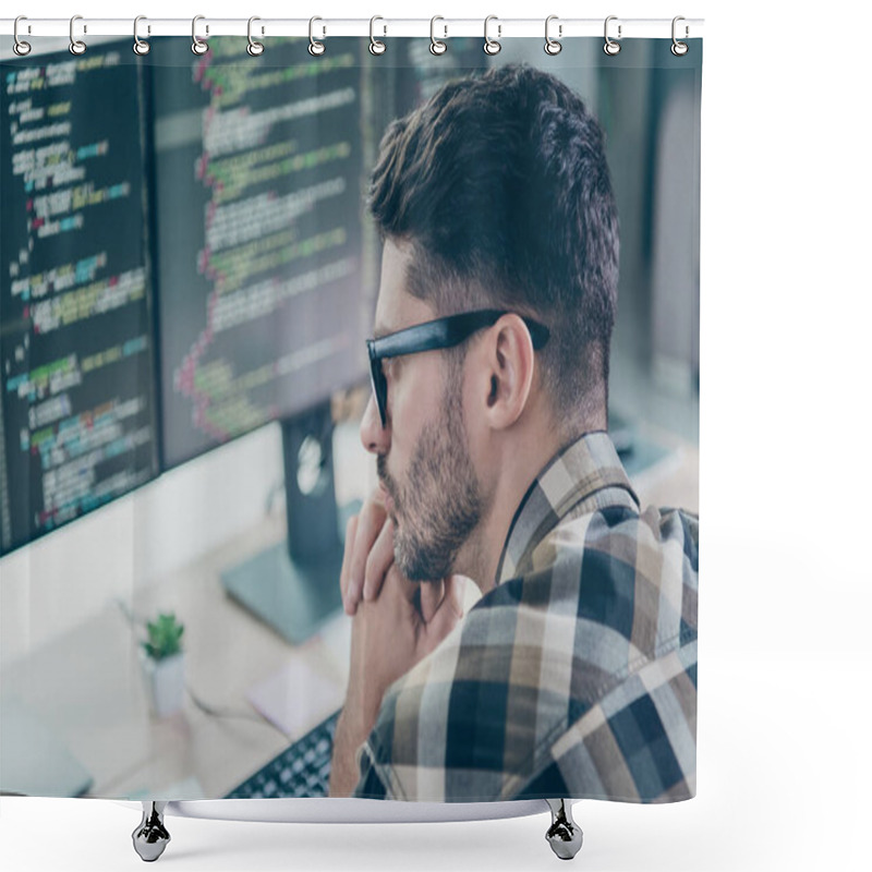 Personality  Photo Of Clever Pensive Freelancer Wear Eyeglasses Hands Arms Chin Creating Safety App Modern Gadget Indoors Workplace Workstation Loft. Shower Curtains