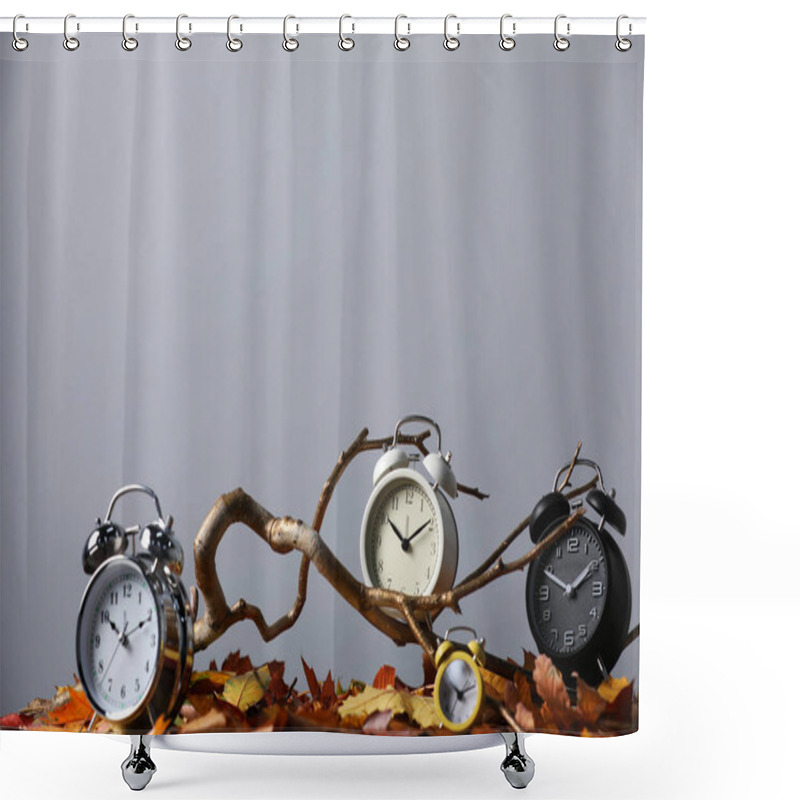 Personality  Alarm Clocks, Branch And Dry Leaves On Light Grey Background, Space For Text Shower Curtains