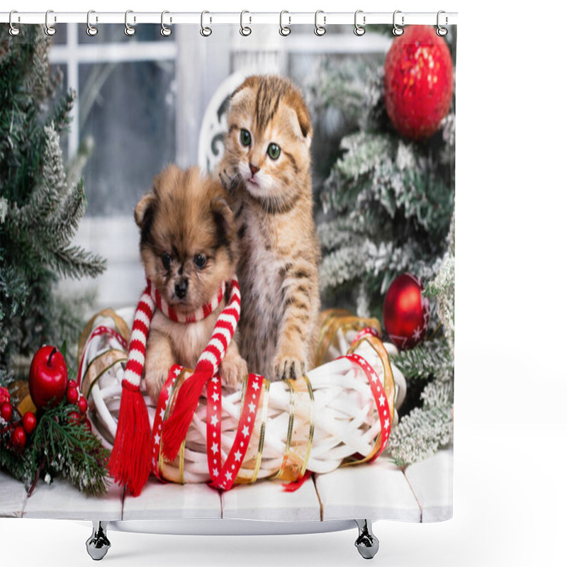 Personality  Puppy And Kitens Christmas, Christmas Pet Animal Shower Curtains