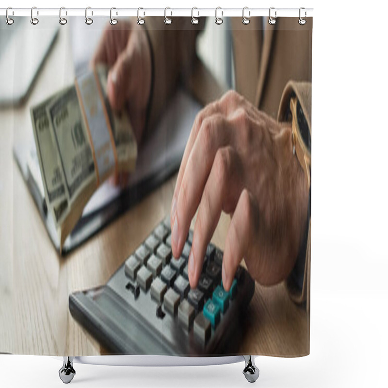 Personality  Cropped View Of Accountant Holding Dollars While Using Calculator, Anti-corruption Concept, Banner Shower Curtains