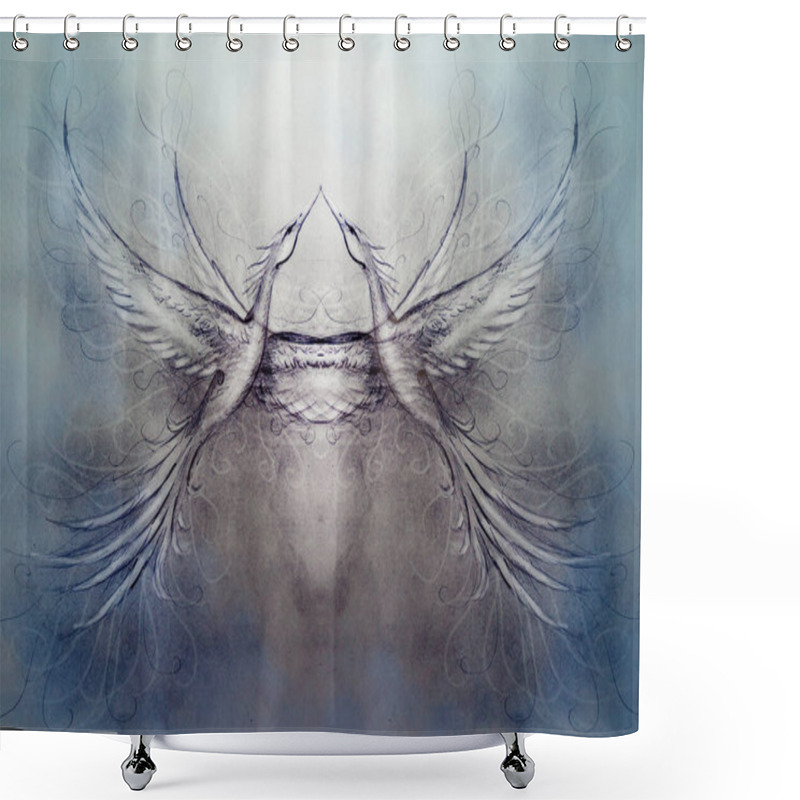 Personality  Flying Phoenix Bird As Symbol Of Rebirth And New Beginning And Ancient Ornament In Background. Shower Curtains