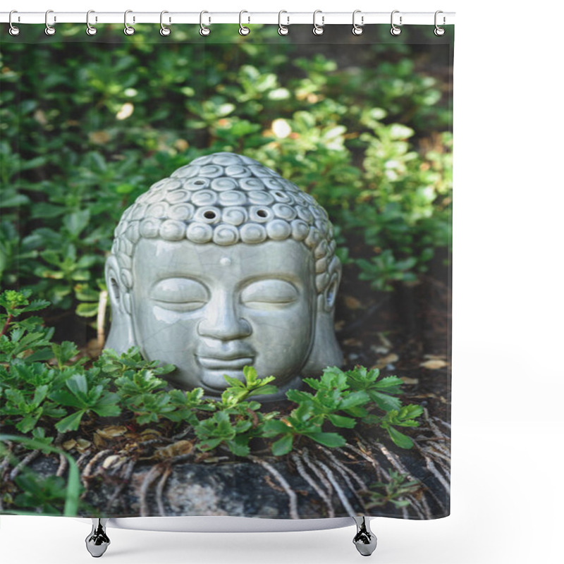 Personality  Buddha Head On Stone With Green Plants Around In Summer Shower Curtains