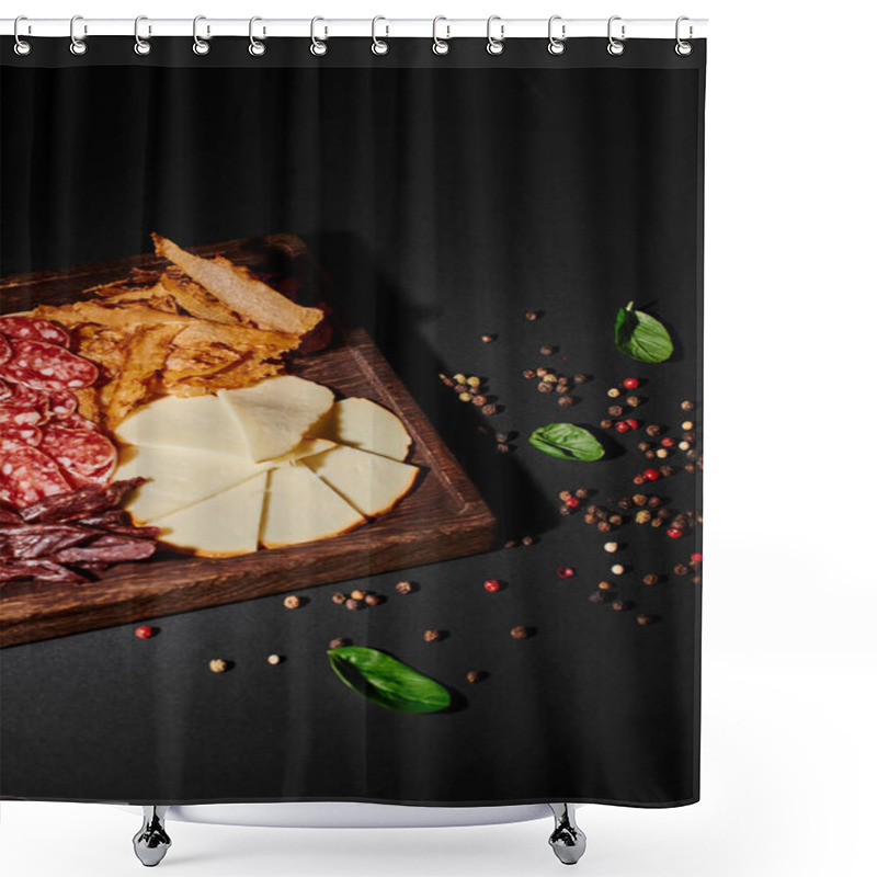 Personality  Tasty Charcuterie Board With Gourmet Cheese Selection, Dried Beef And Salami On Black Shower Curtains